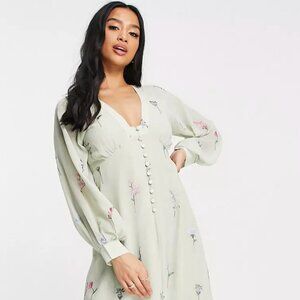 ASOS DESIGN Petite button up embroidered maxi tea dress in sage